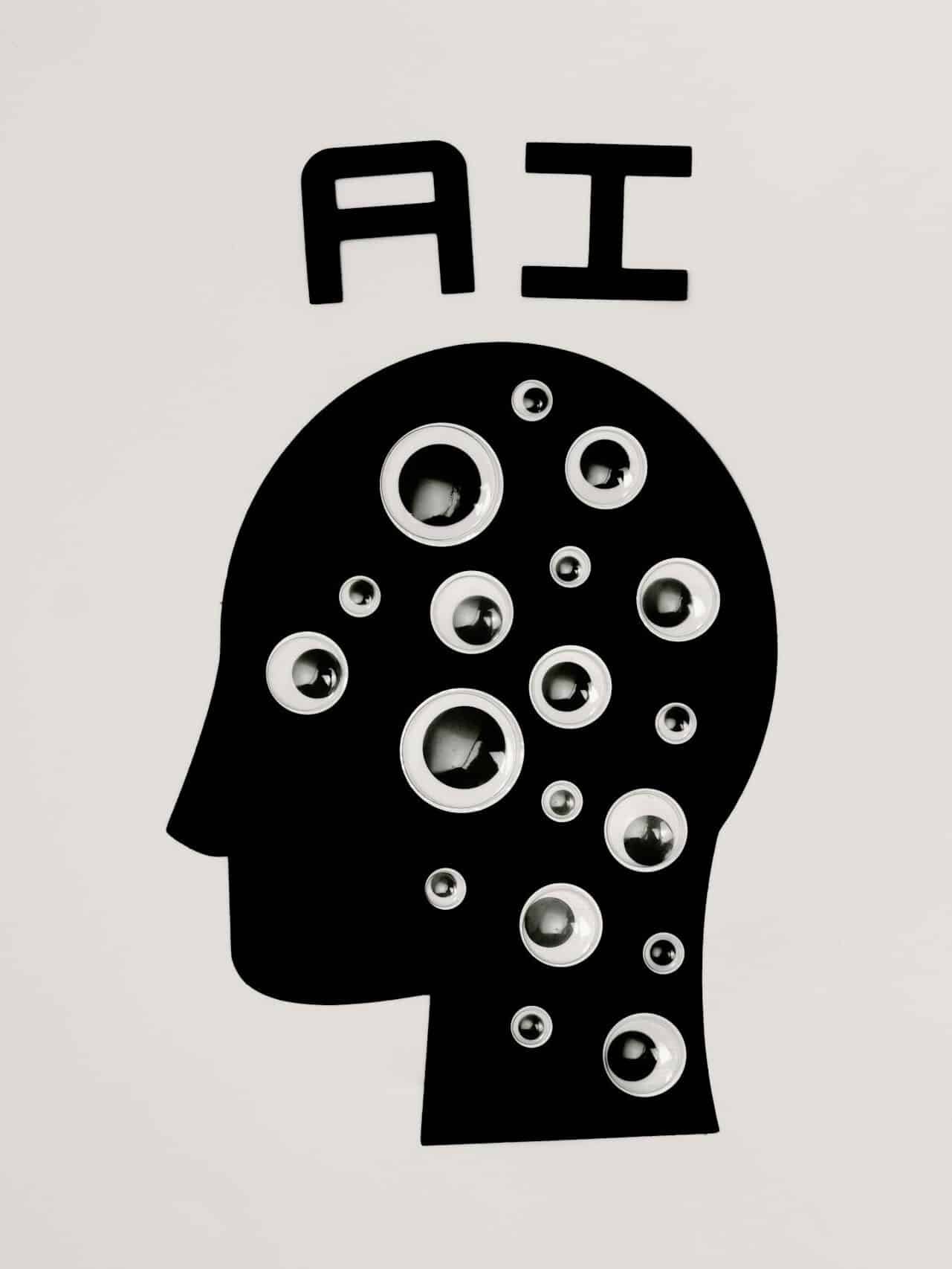 Abstract illustration of AI with silhouette head full of eyes, symbolizing observation and technology for the 5Eight AI Small Business AI Digest.